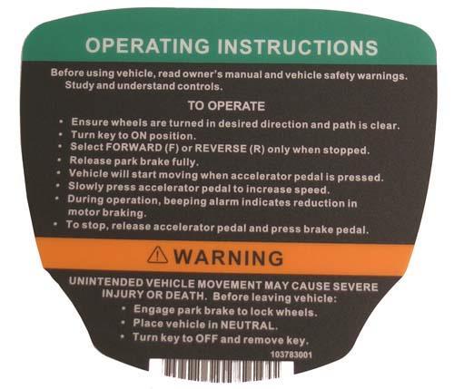Club Car Precedent Electric Operating Instructions Decal (Years 2012-Up)