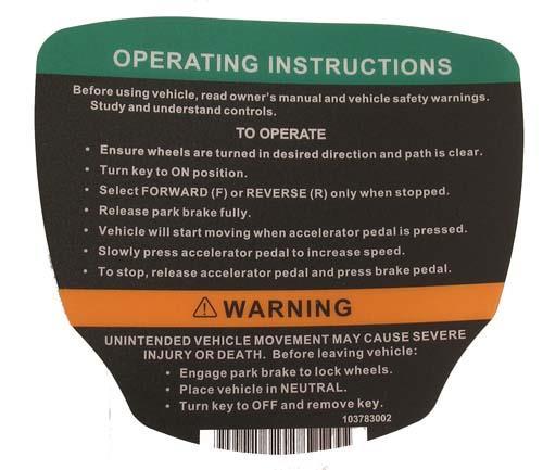 Club Car Precedent Gas Operating Instructions Decal (Years 2012-Up)